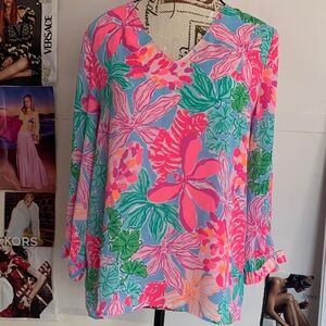 Lilly Pulitzer Floral Blouse in Pink, Green, and Blue